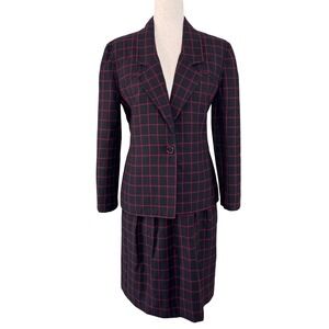 Oscar de la Renta 90s Wool Skirt Suit Black Red Windowpane Plaid Size 6